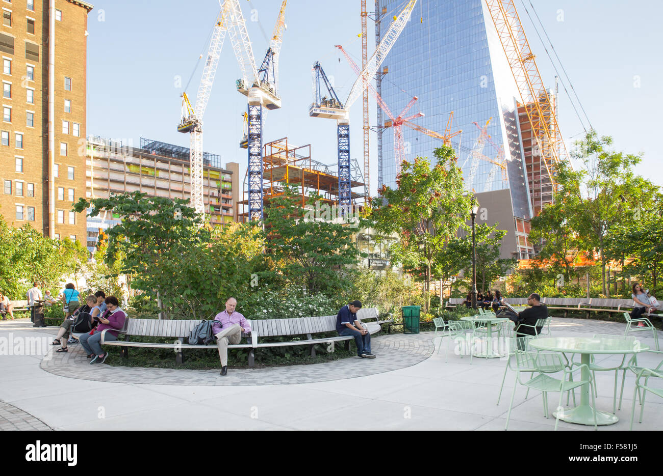 NEW YORK CITY - SEPTEMBER 14, 2015: View of newly developed Hudson Yards Park in Manhattan with people visible. Stock Photo