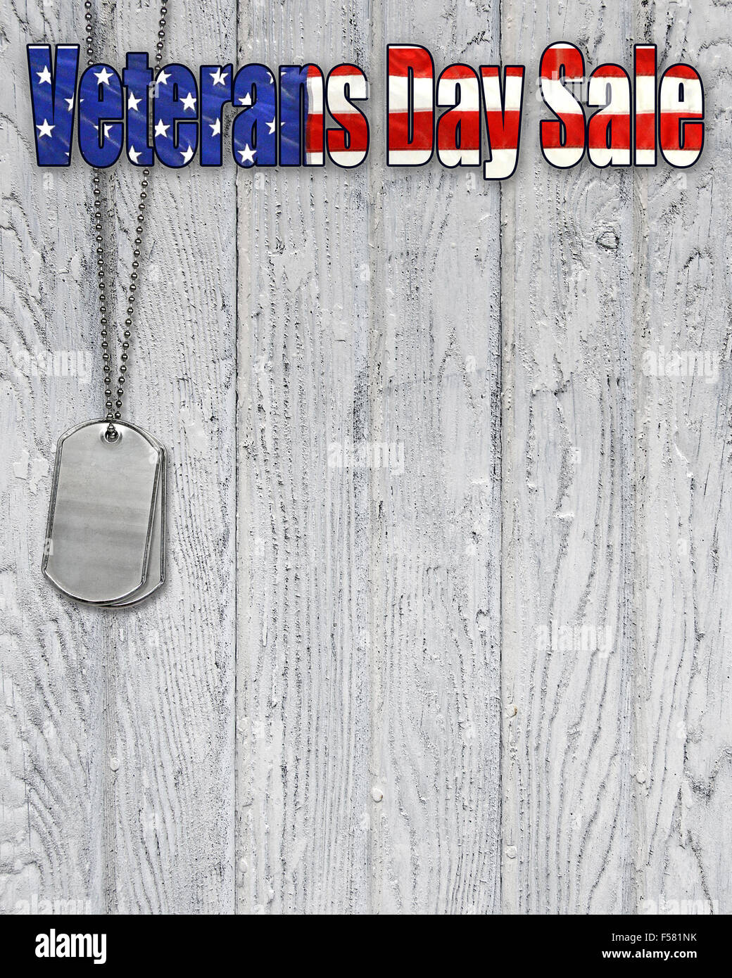 Patriotic flag Veterans Day Sale sign with military dog tags on gray