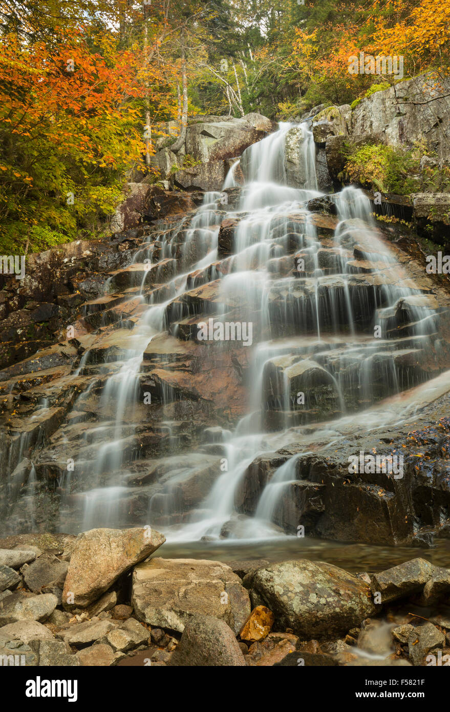 Face view of magnificent Cloudland Falls on Dry Brook, with autumn foliage, along the Falling Waters Trail in Franconia Notch. Stock Photo