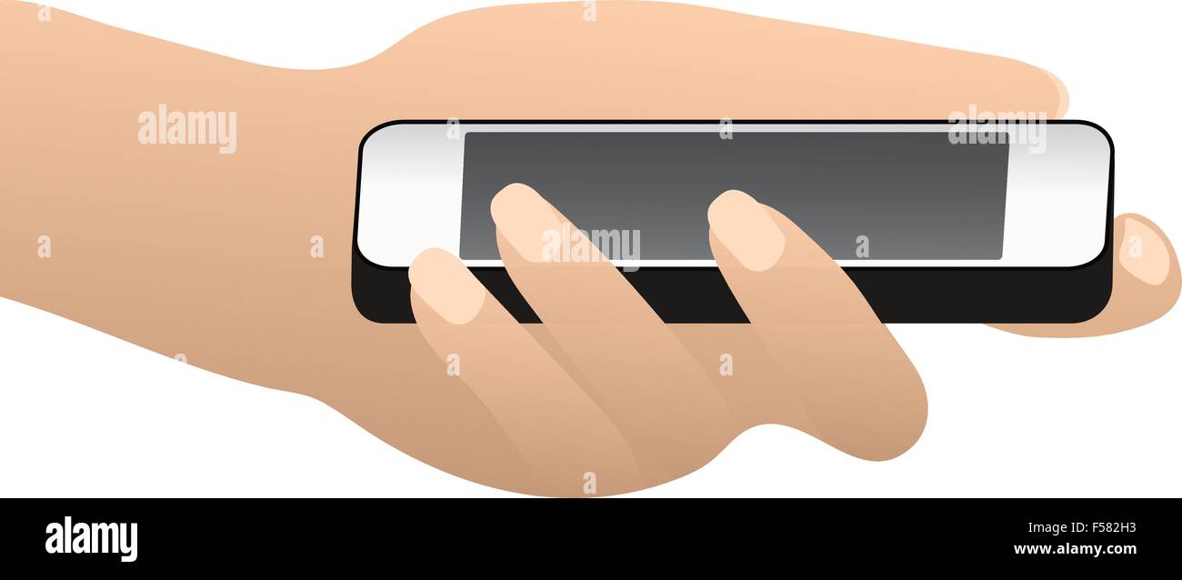 Female hand holding smart phone isolated on white background. Flat design. Stock Vector