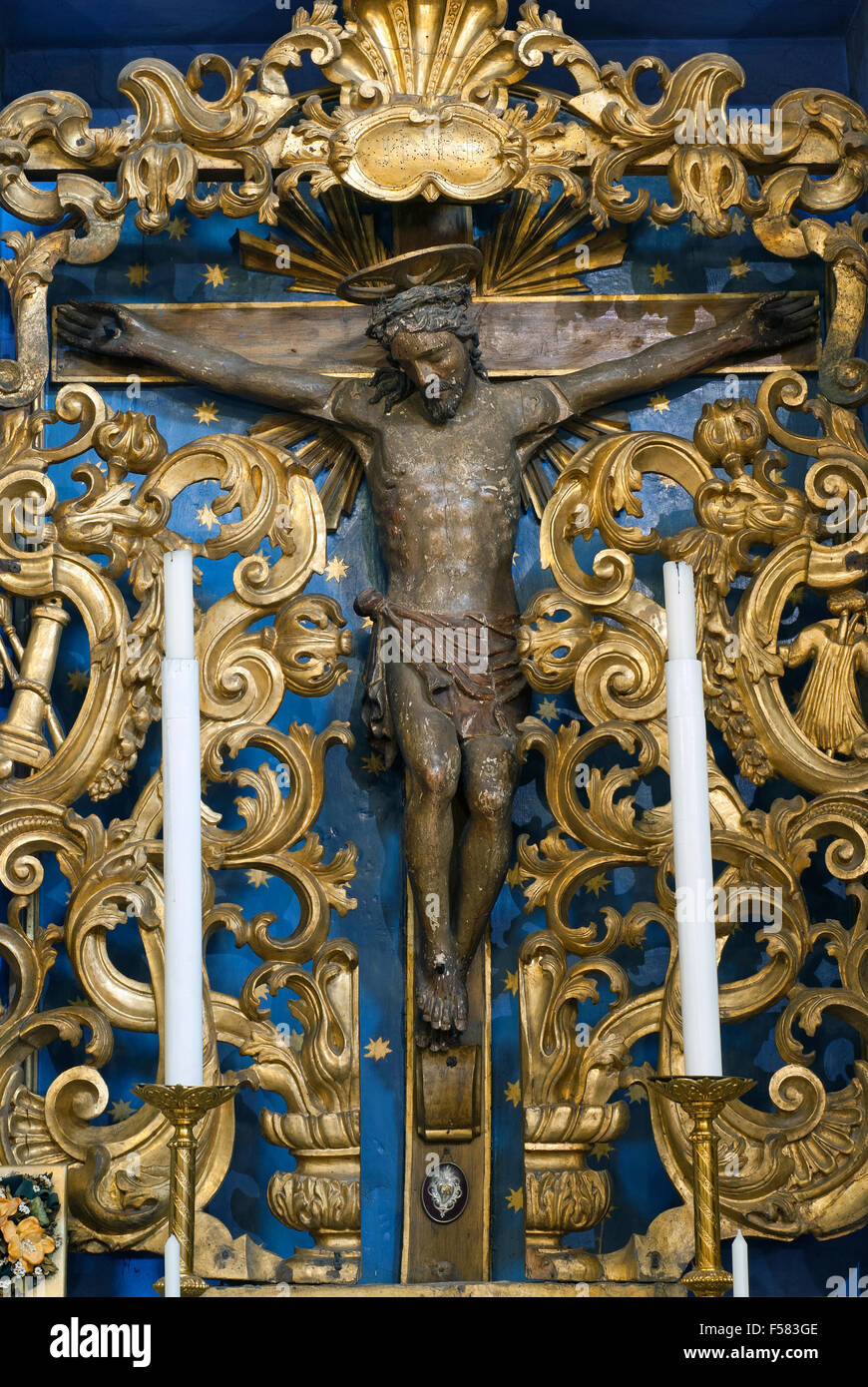 Wooden crucifix inside the church of San Silvestro Papa, Piegaro, medieval village in Umbria, Italy Stock Photo