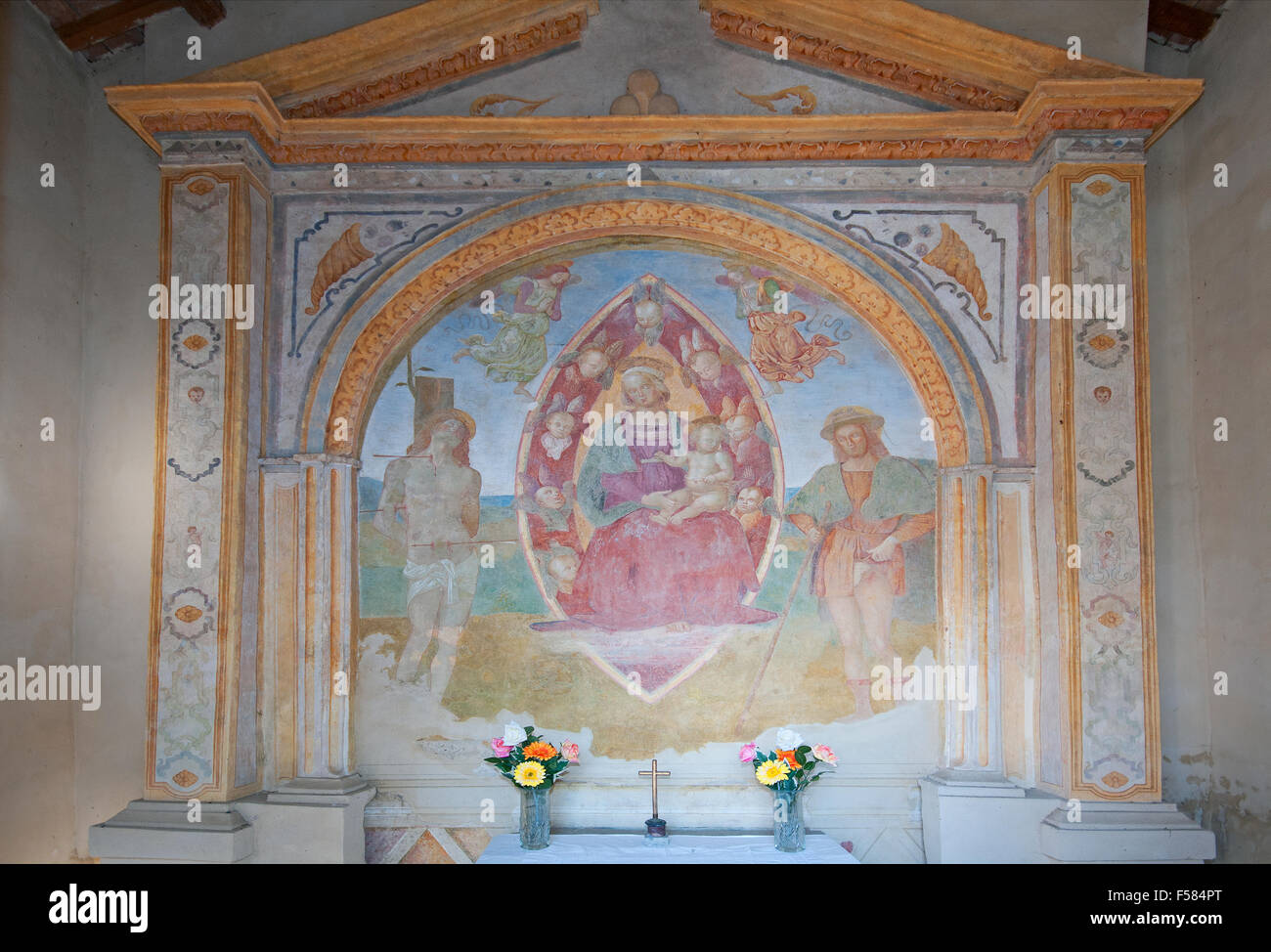 Pietrafitta, church of the Madonna del Fosso, fresco of the fifteenth century attibuited to the school of the Perugino painter, Umbria, Italy Stock Photo