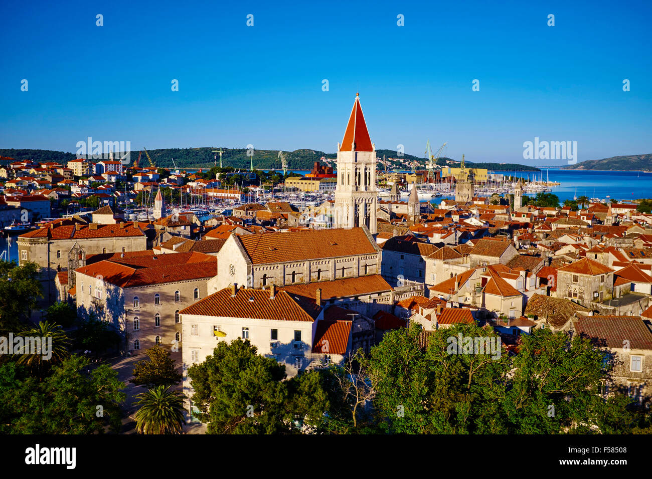 Croatia, Dalmatia, Trogir, Unesco world Heritage site, Saint Laurent cathedral, aerial view Stock Photo