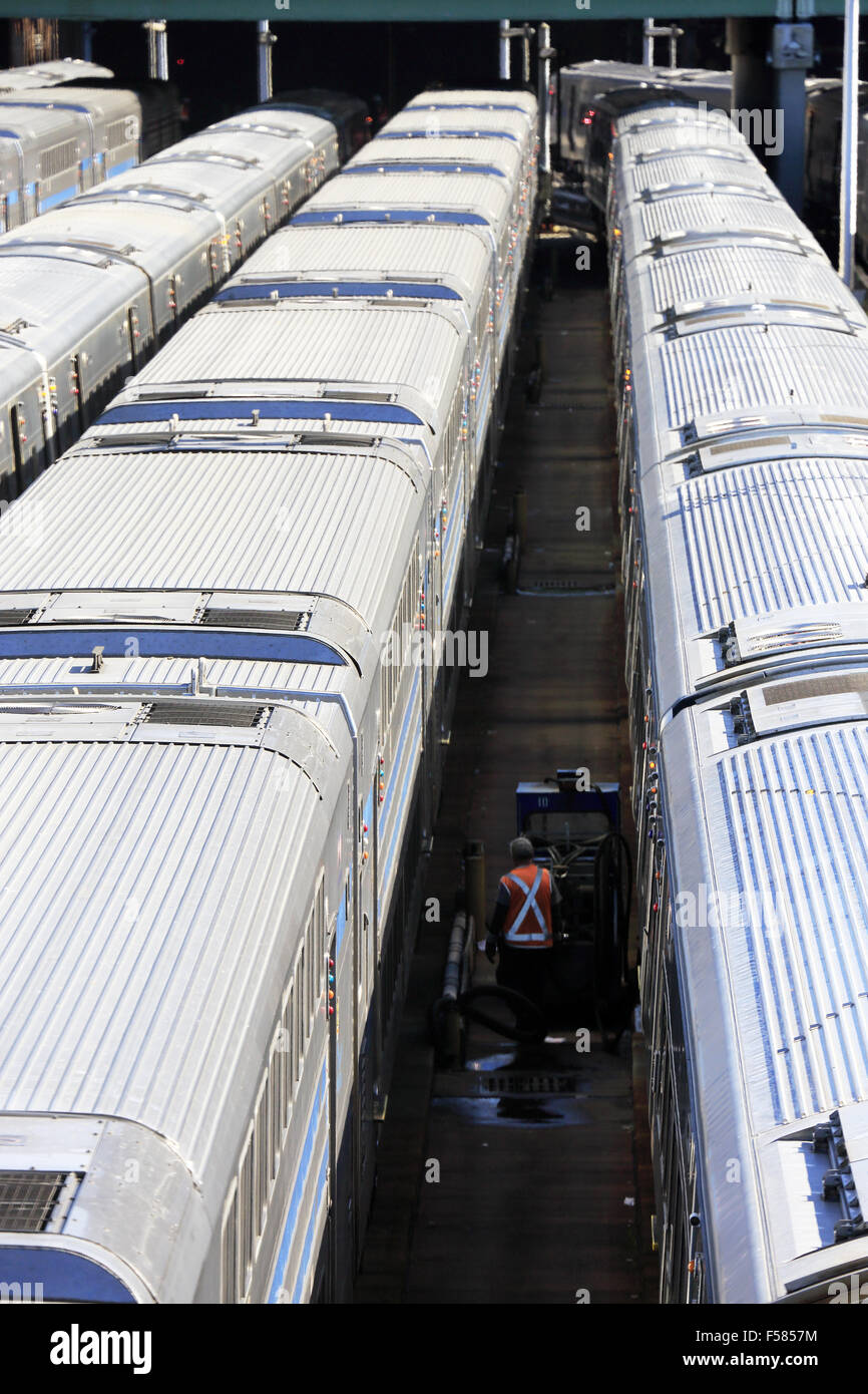 Long Island Railroad trains stopping in West Side Yard. Manhattan, New
