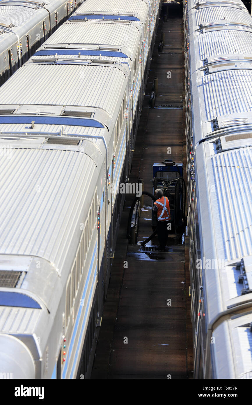 Long Island Railroad trains stopping in West Side Yard. Manhattan, New