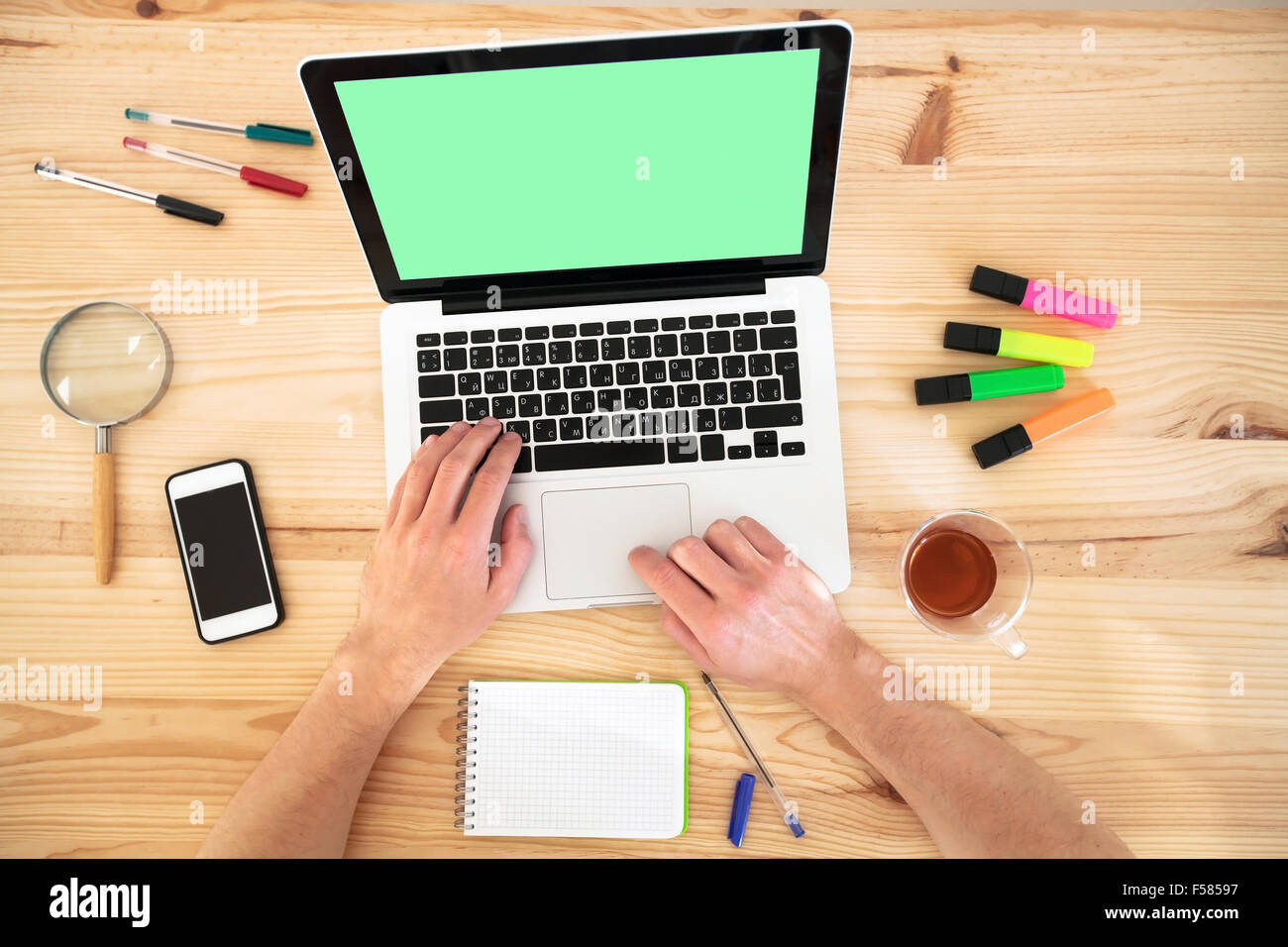 laptop with empty screen, work online Stock Photo