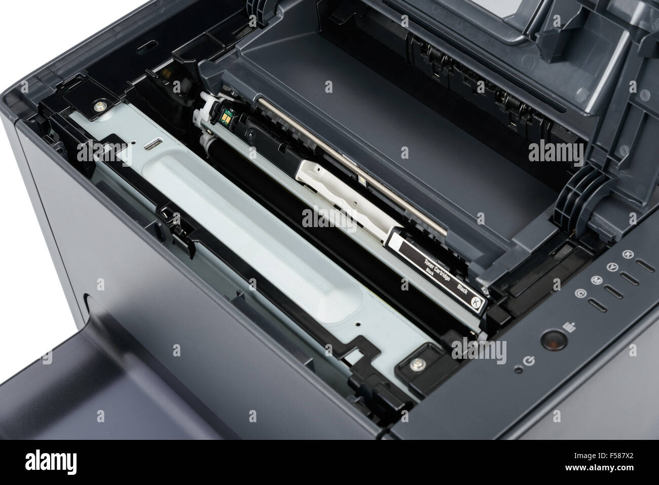 replace black toner cartridge in a laser printer, isolated on white Stock Photo