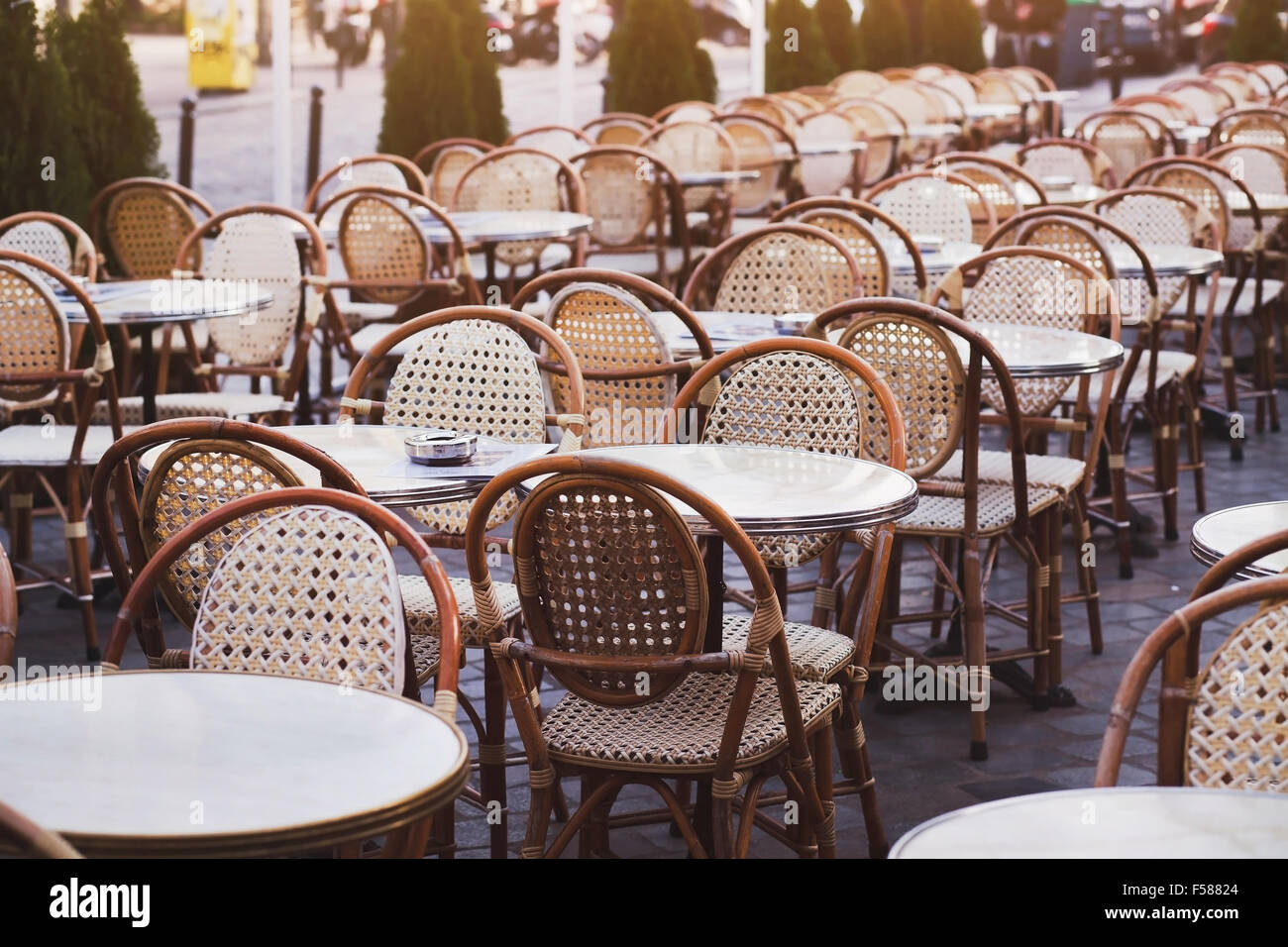 tables and chairs of street cafe Stock Photo
