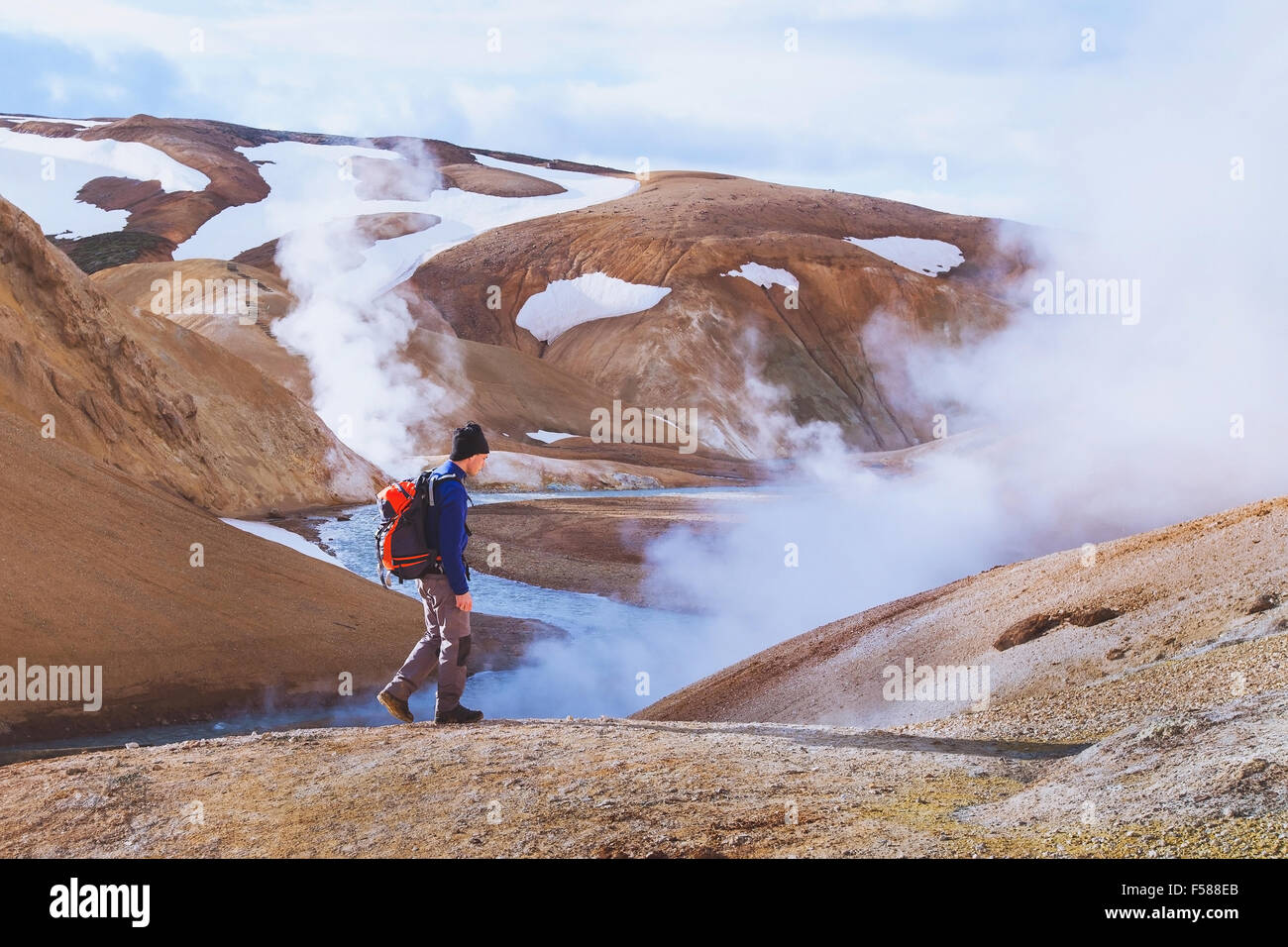 hiking in Iceland, surreal volcanic landscape near Kerligafjoll Stock Photo