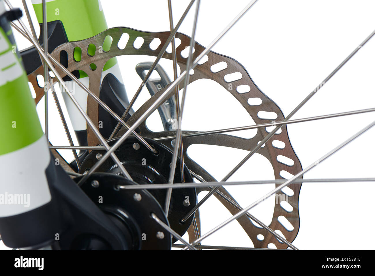 Closeup of MTB (Mountain bike) hydraulic disk brake rotor, isolated on white Stock Photo