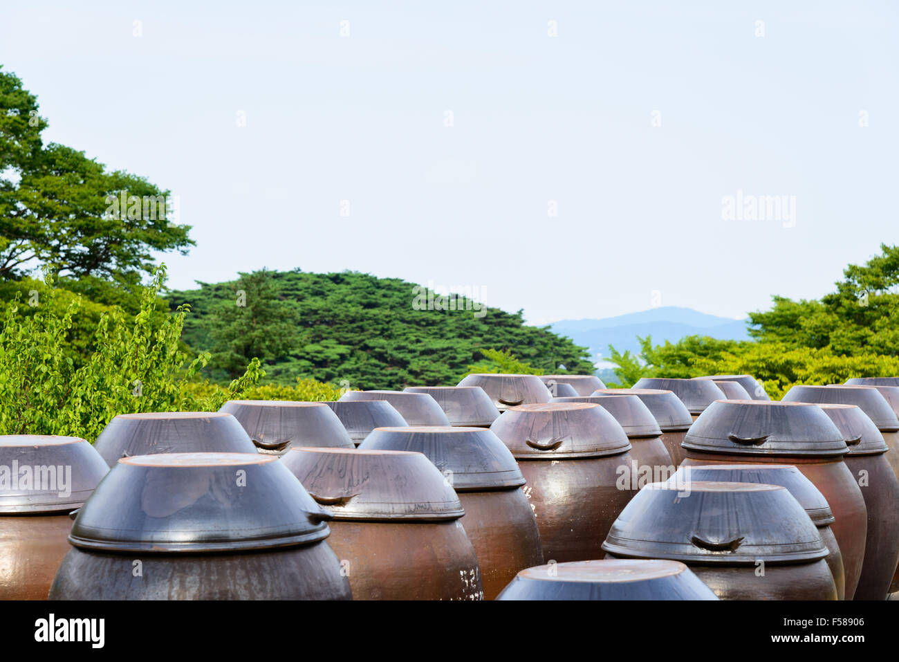 platform for crocks of raw rice wine (called Makgeolli) in Korea. Stock Photo