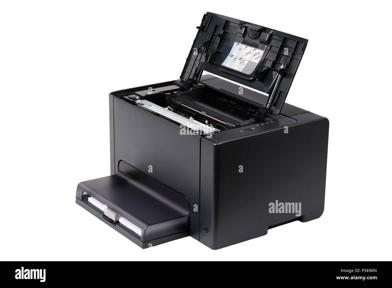 black laser printer with opened front cover, isolated on white Stock