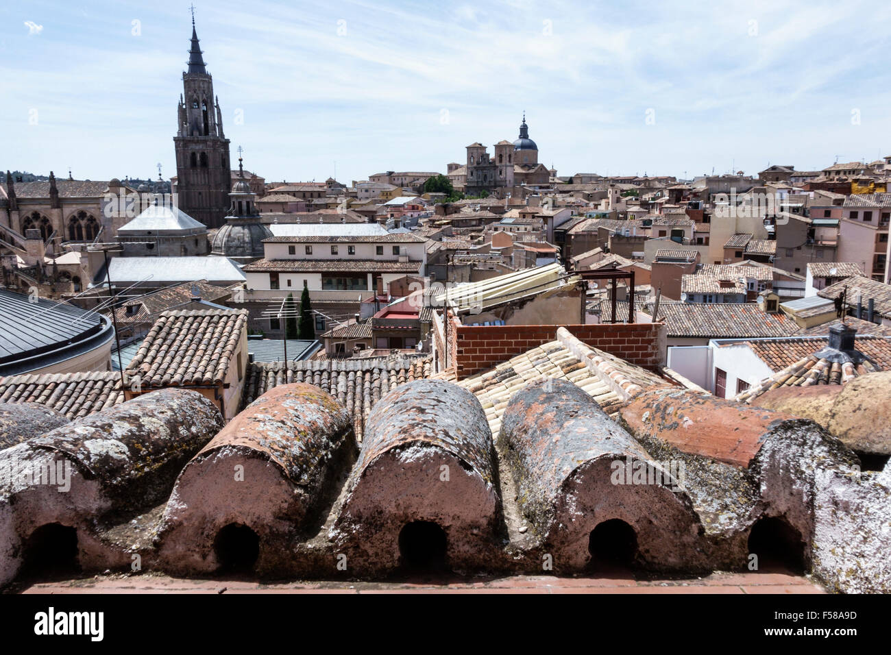 Toledo Spain,Europe,Spanish,Hispanic World Heritage Site,historic center,rooftops,city skyline,bell tower,Primate Cathedral of Saint Mary of Toledo,Ca Stock Photo