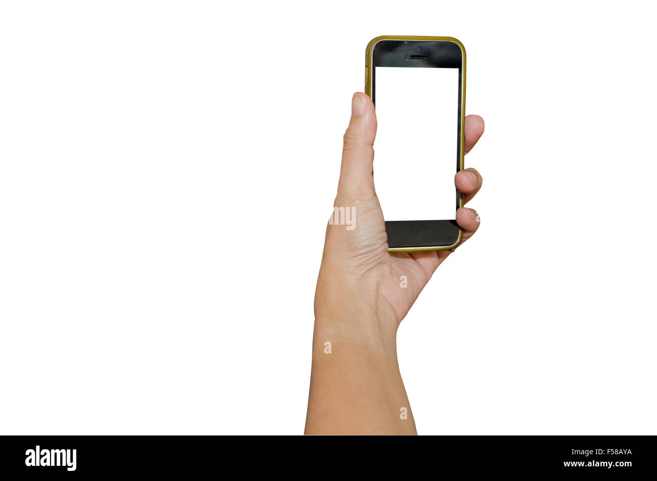 Hand holding smart phone isolated on white background Stock Photo - Alamy