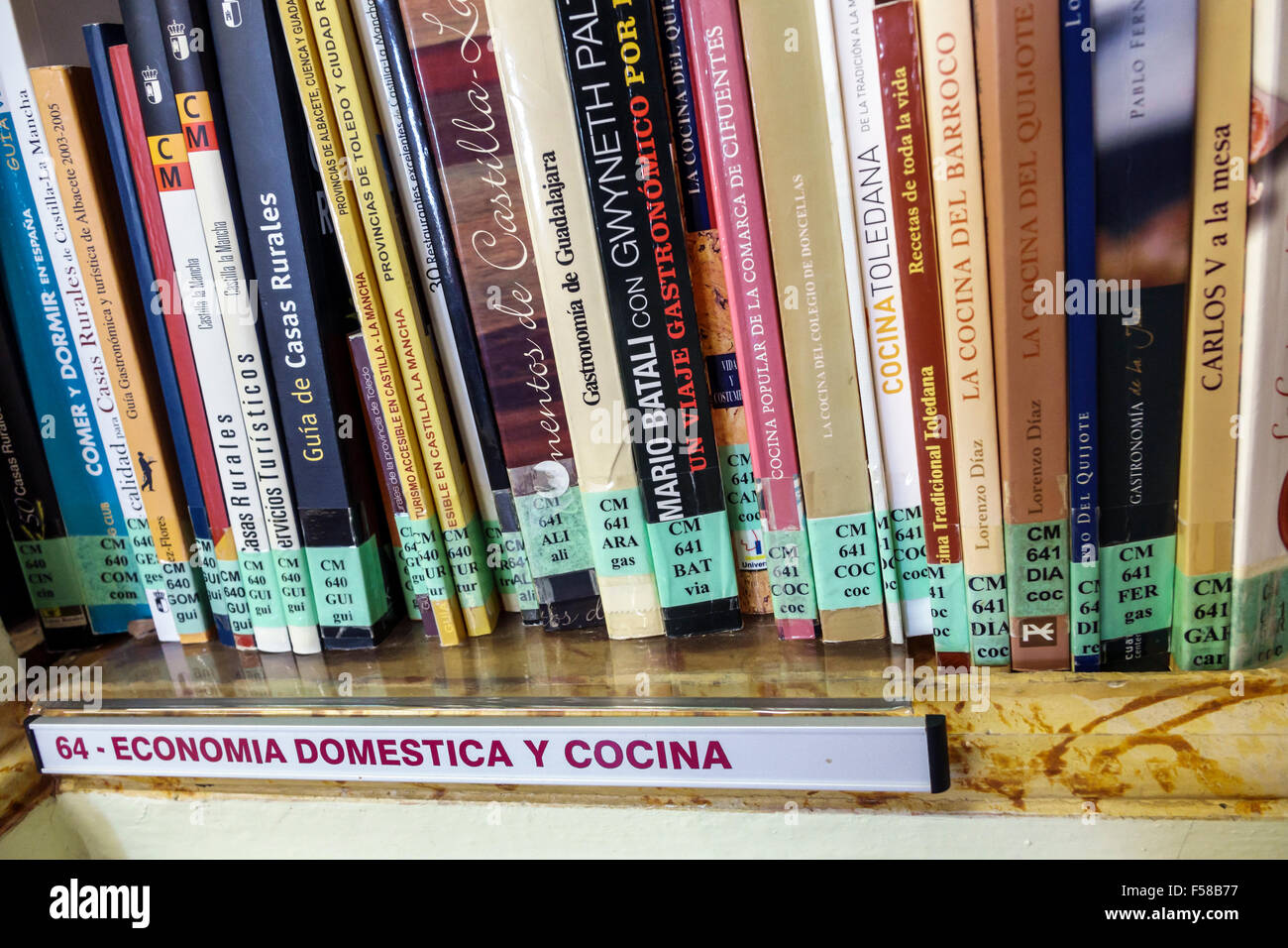 Toledo Spain,Europe,Spanish,Hispanic Biblioteca de Castilla-La Mancha,library,interior inside,cooking & home economics,Dewey Decimal System,DDC,classi Stock Photo