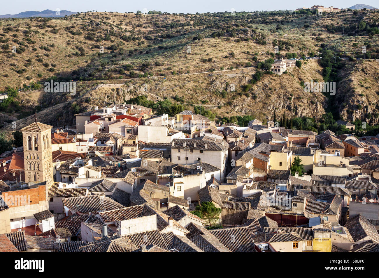 Toledo Spain,Europe,Spanish,Hispanic World Heritage Site,historic center,skyline,panoramic view,red clay barrel tiles,bell tower,buildings,rooftops,hi Stock Photo