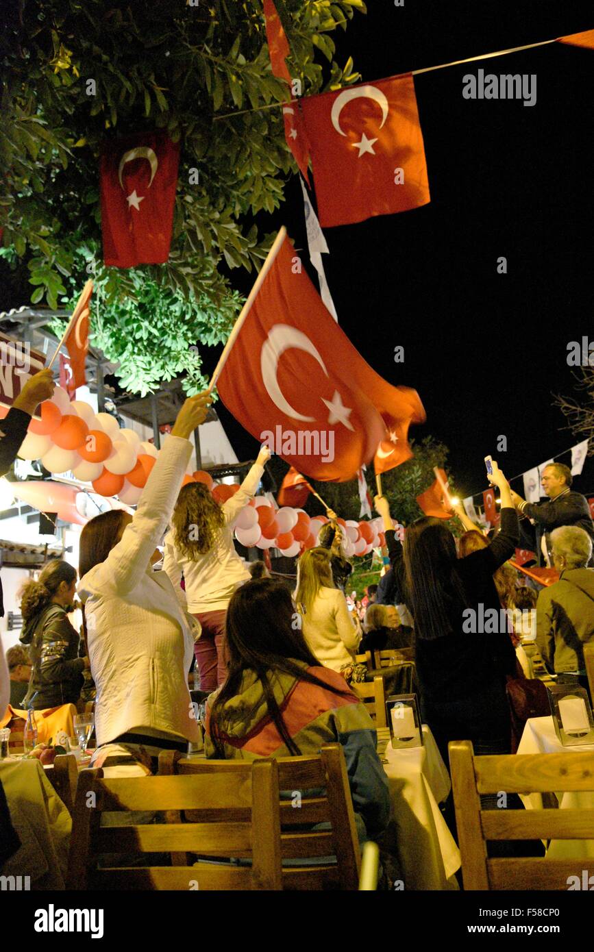 Kas, Turkey, 29th Oct, 2015. Turkey celebrates Republic Day. Turks mark Republic Day in Kas, a town on the Mediterranean coast. A public holiday in Turkey celebrated every year to commemorate they date in 1923 when Kemal Ataturk declared the country a Republic. Turkey goes to the polls Sunday 01 Nov in national elections for the second time in five months. Credit:  Glyn Genin/Alamy Live News Stock Photo