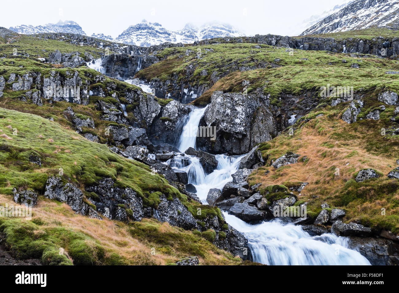 Icelandic cascade in the misty winter morning Stock Photo