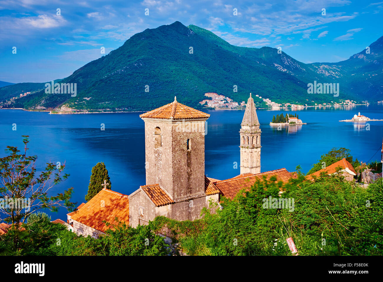 Montenegro, Adriatic coast, Bay of Kotor, Kotor, village of Perast, church tower, Island of St. George and Our Lady of the Rock  Stock Photo