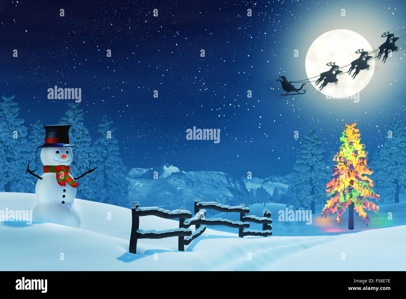 A snowman in a moonlit snowy Christmas landscape at night under a full moon. The trees are