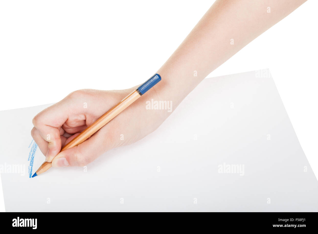 hand paints by wood blue pencil on sheet of paper isolated on white ...