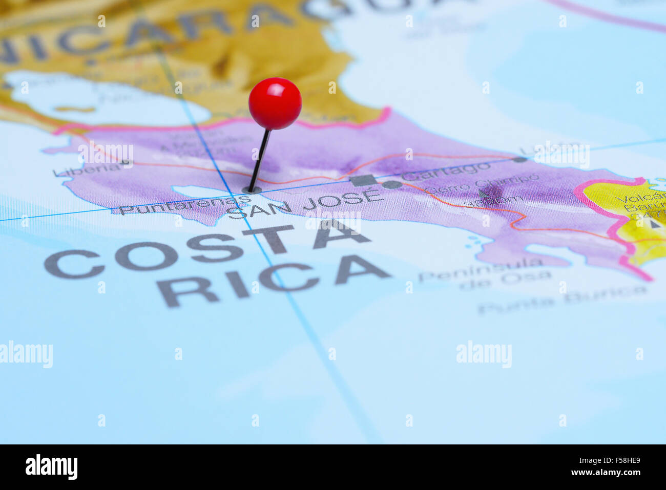 Puntarenas pinned on a map of America Stock Photo