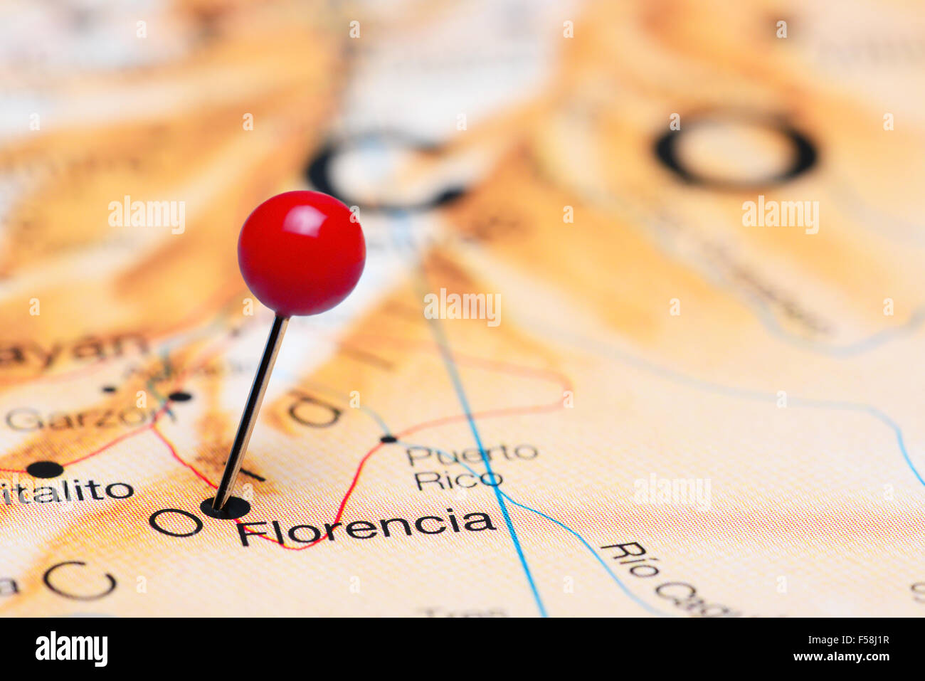 Florencia pinned on a map of America Stock Photo