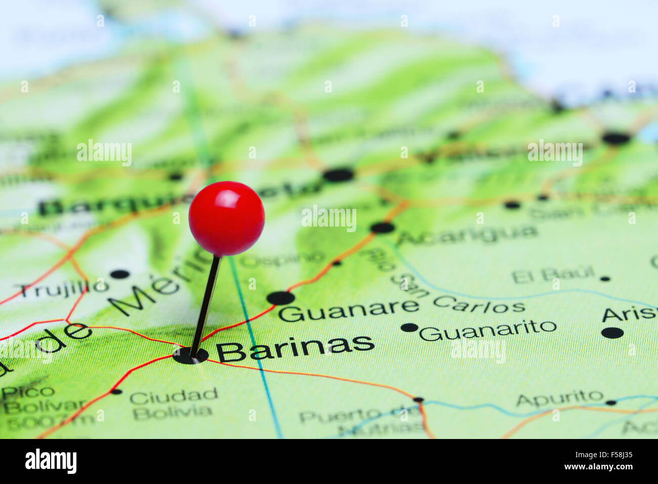Barinas pinned on a map of America Stock Photo