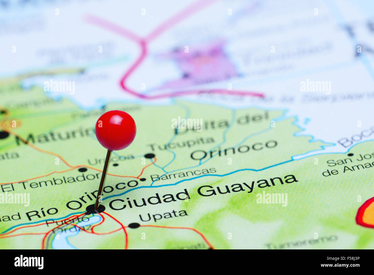 Ciudad Guayana pinned on a map of America Stock Photo