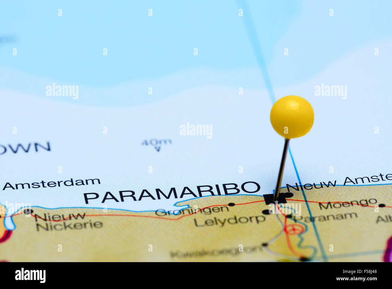 Paramaribo pinned on a map of America Stock Photo - Alamy