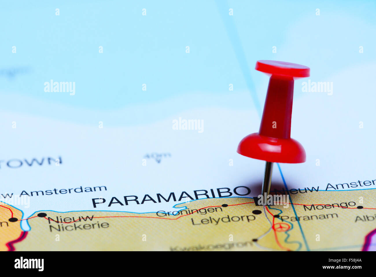 Paramaribo pinned on a map of America Stock Photo - Alamy