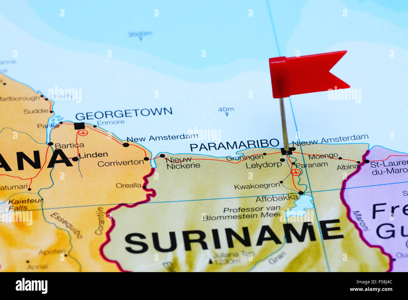 Paramaribo pinned on a map of America Stock Photo - Alamy
