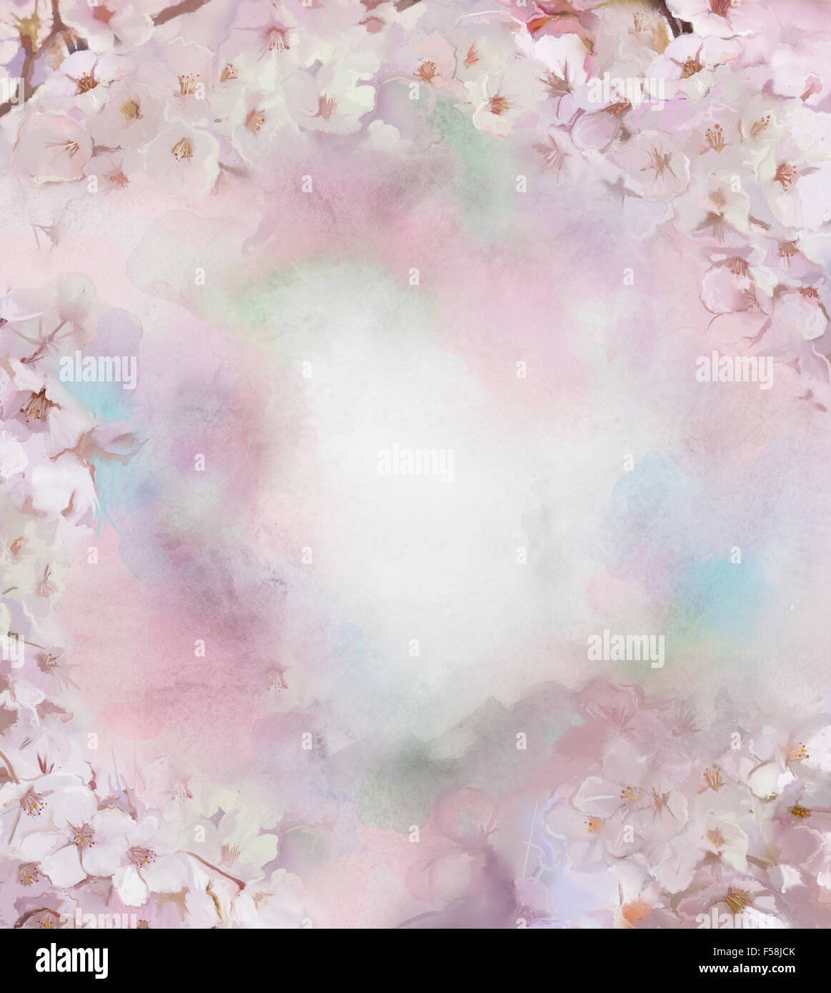 Cherry blossom flower oil painting ,vintage floral composition in soft color and blur style background Stock Photo
