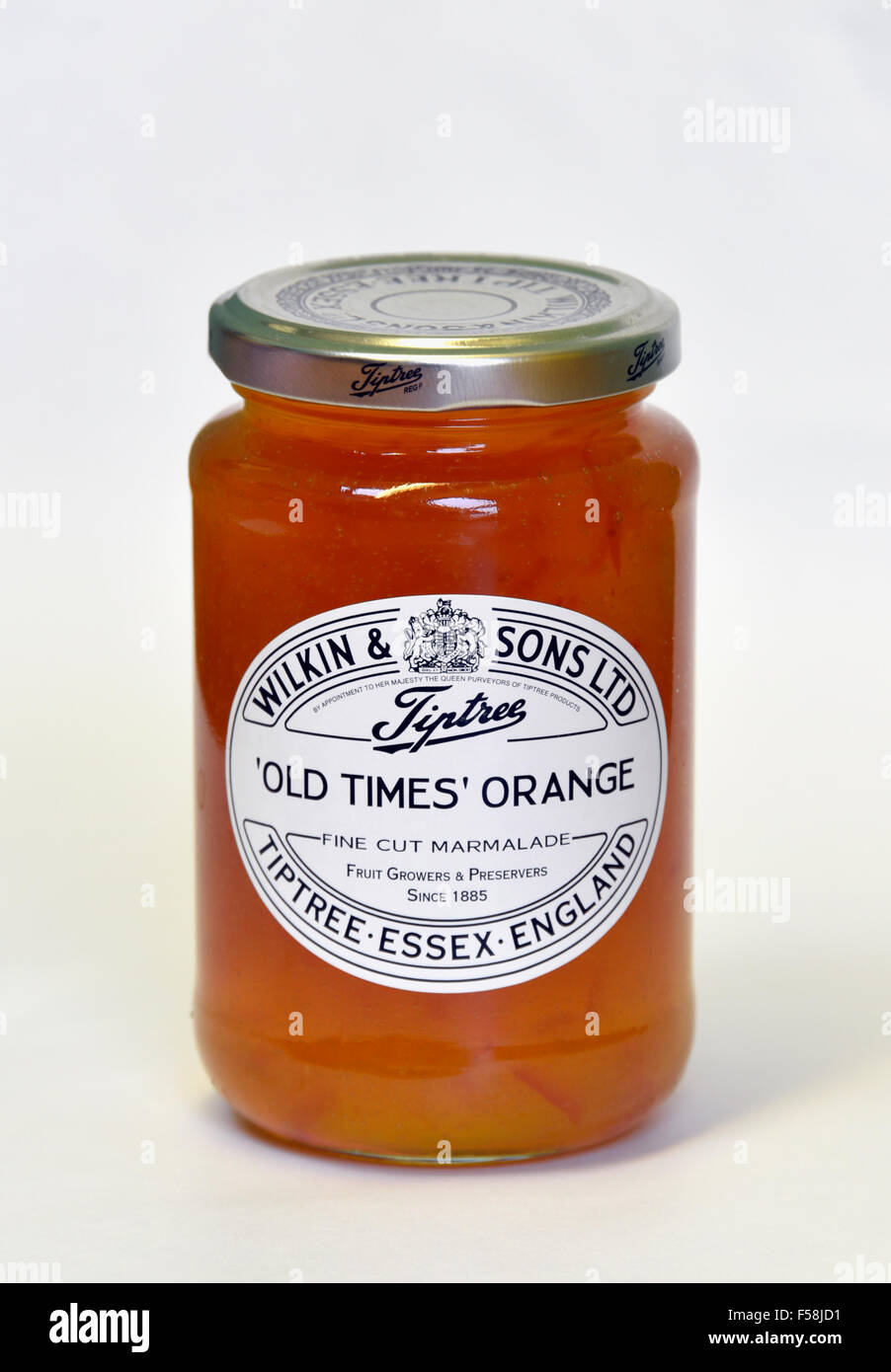 Jar of Wilkin and Sons Limited Tiptree 'Old Times' Orange Fine Cut Marmalade. Stock Photo