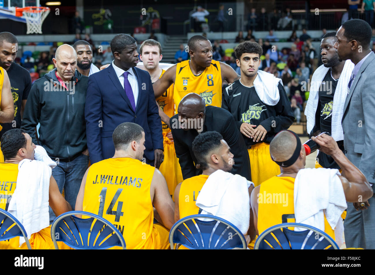 London, UK. 29th Oct, 2015. Coach Nigel Lloyd and Assistant Coach Laurent Irish talk to their players during the London Lions vs. Manchester Giants BBL game at the Copper Box Arena in the Olympic Park. Manchester Giants win 90-82. Credit:  Imageplotter/Alamy Live News Stock Photo