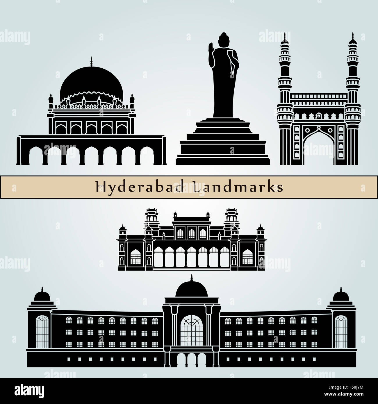 Hyderabad landmarks and monuments isolated on blue background in editable vector file Stock Photo