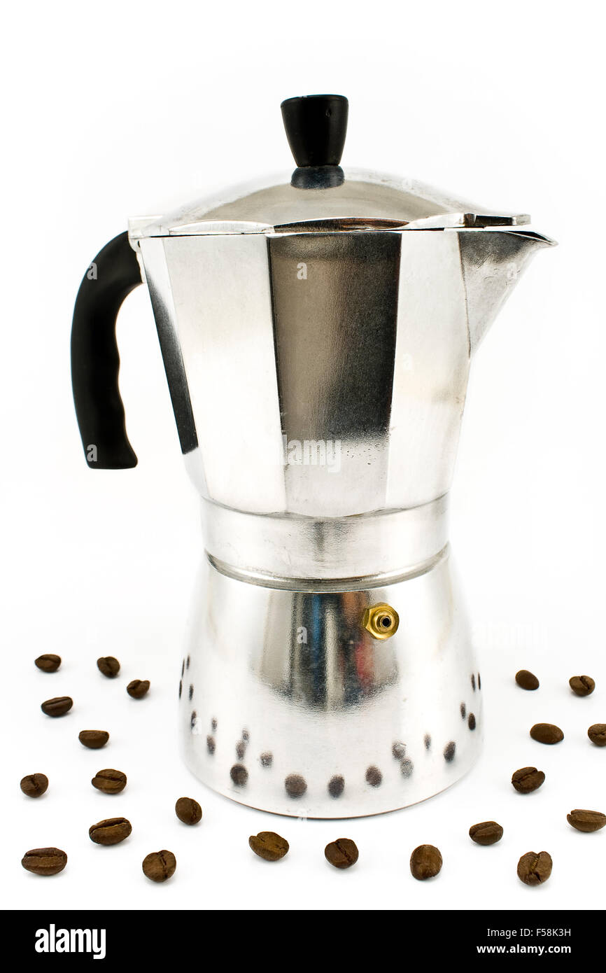Aluminum espresso coffee maker with coffee beans isolated on white