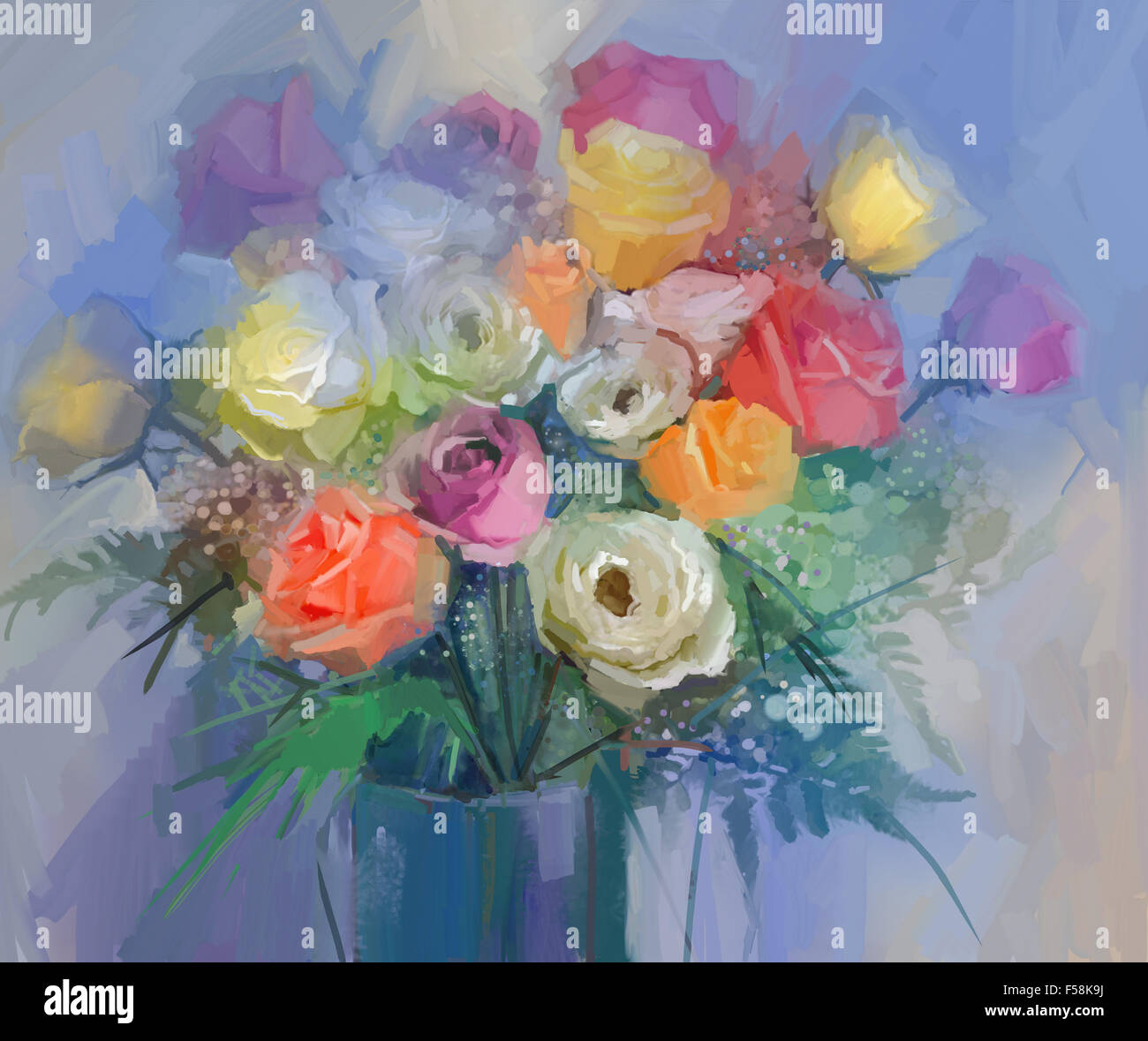 Still life a bouquet of flowers. Oil painting red and yellow rose flowers  in vase Stock Photo - Alamy