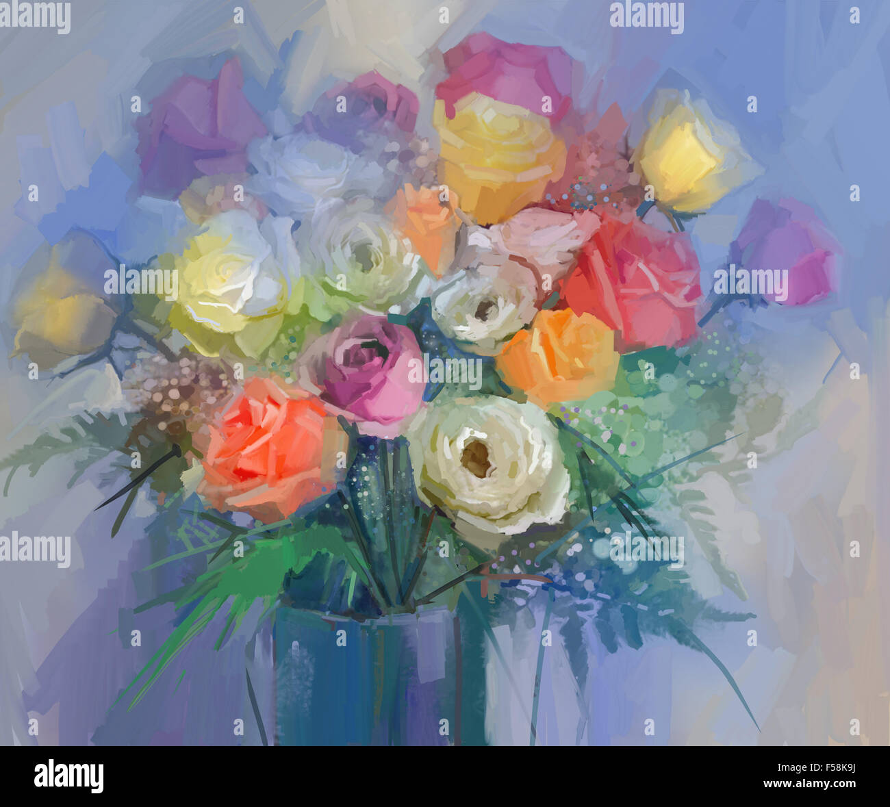 Still life a bouquet of flowers. Oil painting red and yellow rose ...