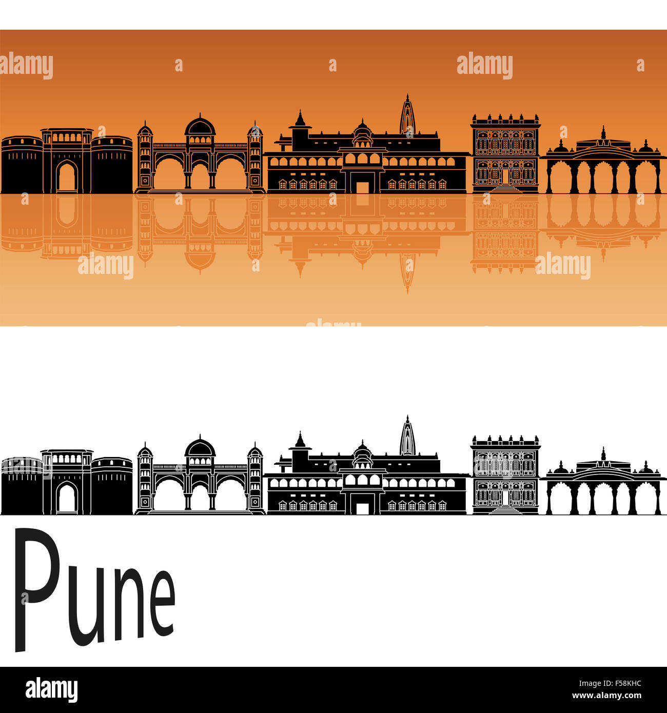 Pune skyline in orange background in editable vector file Stock Photo