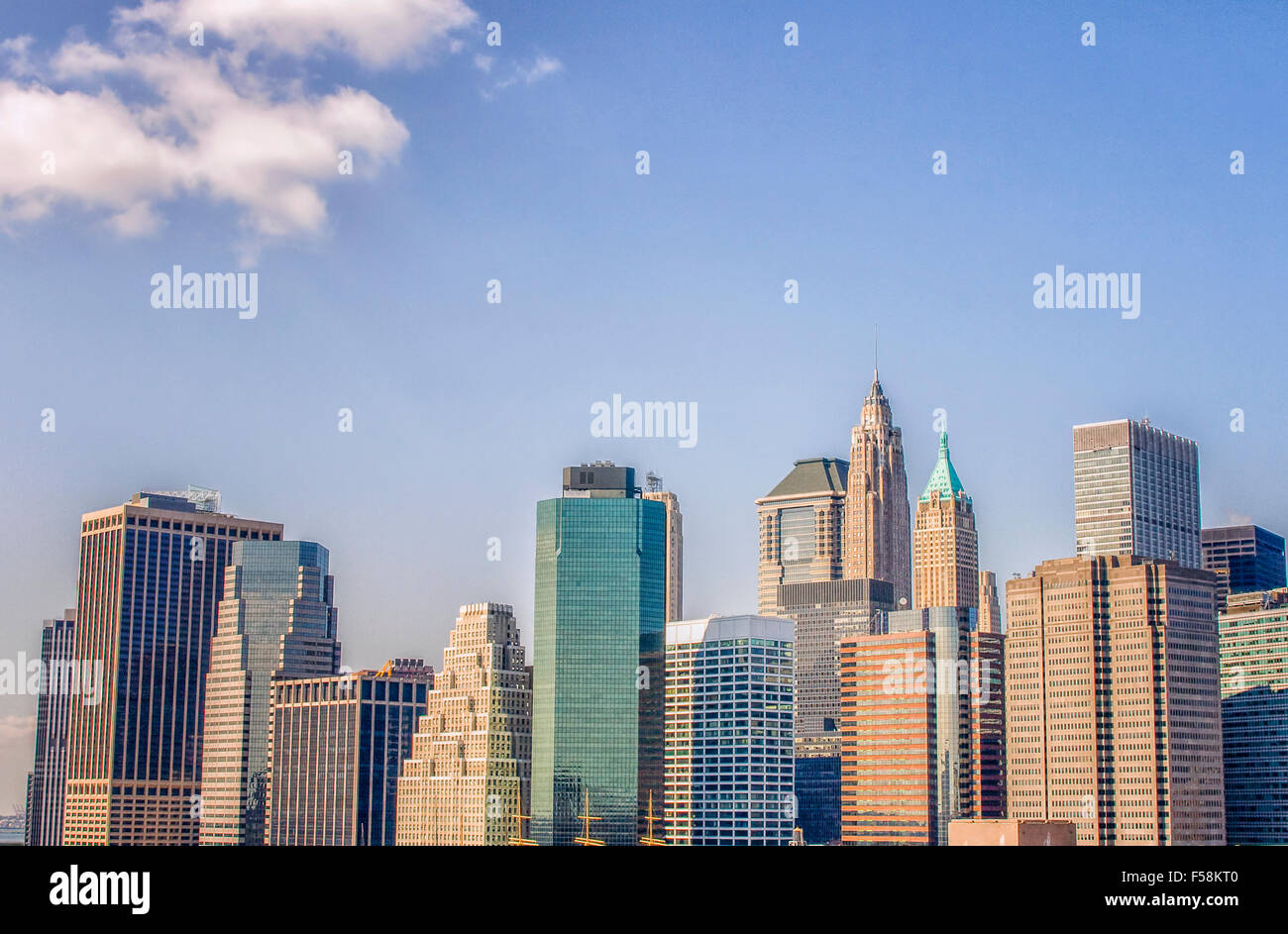 Manhattan skyline seen from Brooklyn Bridge Stock Photo