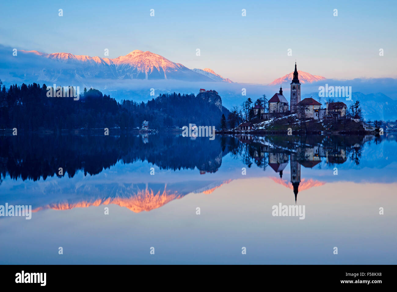 Slovenia, Bled, Lake Bled and Julian Alps, church of the Assumption Stock Photo