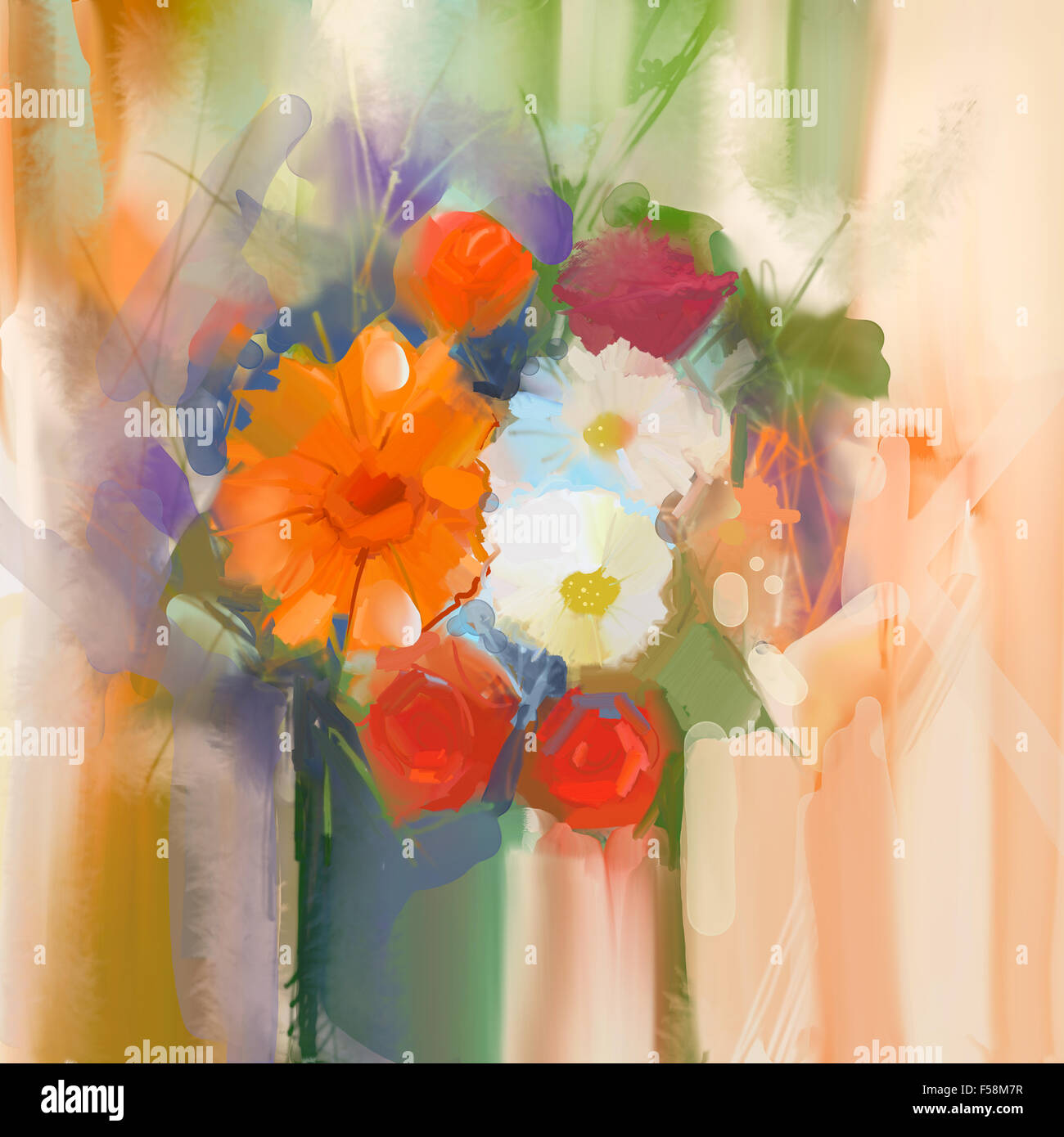 Still life a bouquet of flowers. Oil painting daisy and rose flowers in ...
