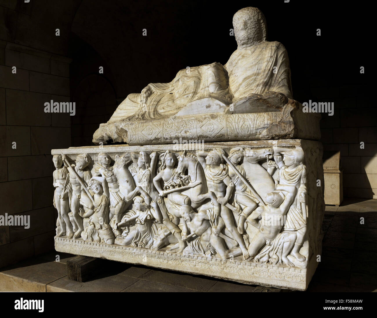 Amazon sarcophagus. Marble. Tel Mevorah. Roman Period. Early 3rd century AD. Battle between the Amazons and the Greeks. Relief. The lid bears the unfinished images of the deceased and his wife. Rockefeller Archaeological Museum. Jerusalem. Israel. Stock Photo