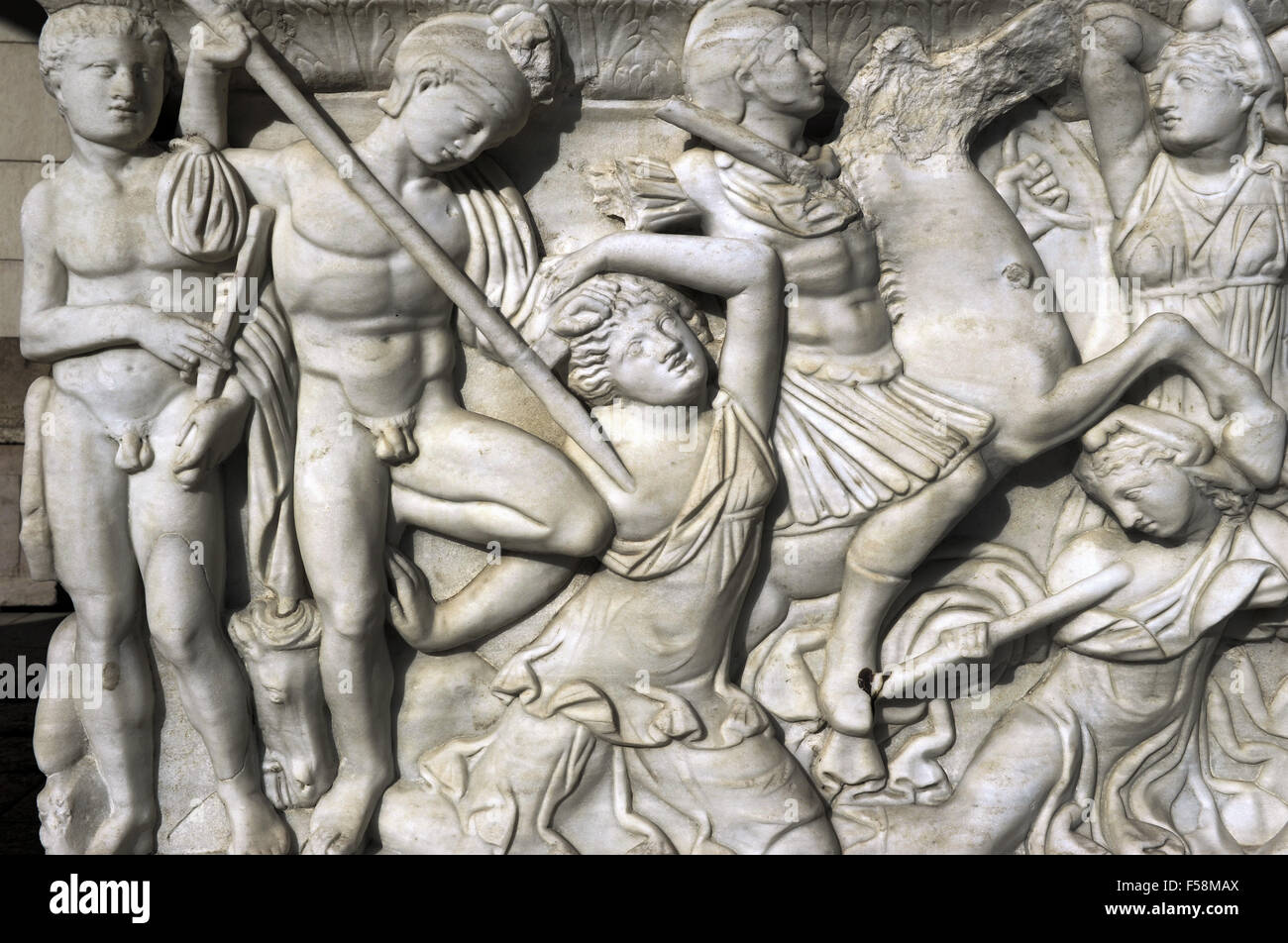 Amazon sarcophagus. Marble. Tel Mevorah. Roman Period. Early 3rd century AD. Detail. Battle between the Amazons and the Greeks. Relief. Rockefeller Archaeological Museum. Jerusalem. Israel. Stock Photo