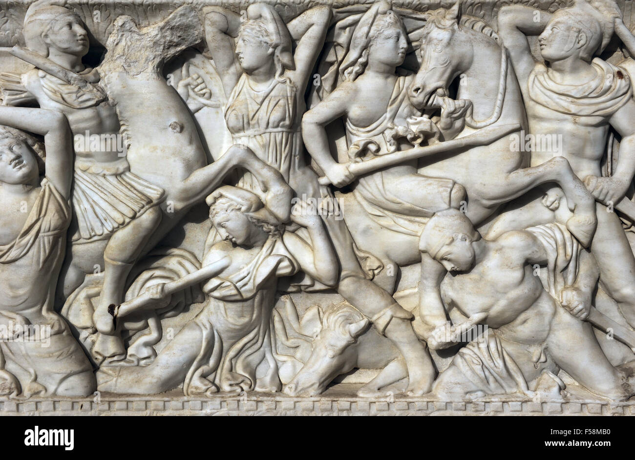Amazon sarcophagus. Marble. Tel Mevorah. Roman Period. Early 3rd century AD. Detail. Battle between the Amazons and the Greeks. Relief. Rockefeller Archaeological Museum. Jerusalem. Israel. Stock Photo