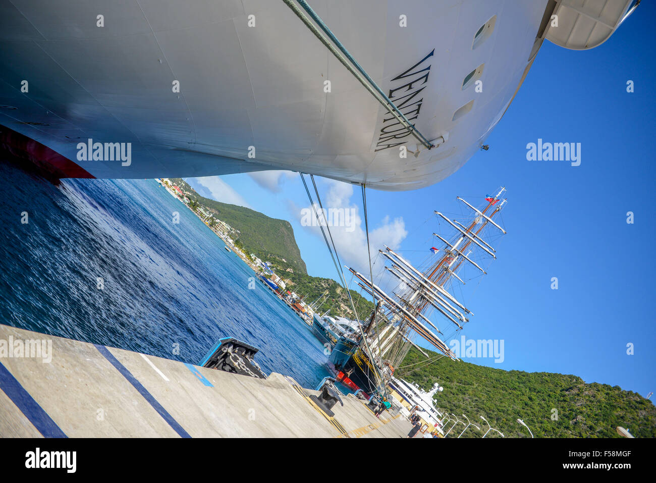P&O Ventura And Sailing Ship in St Maarten Docks Stock Photo