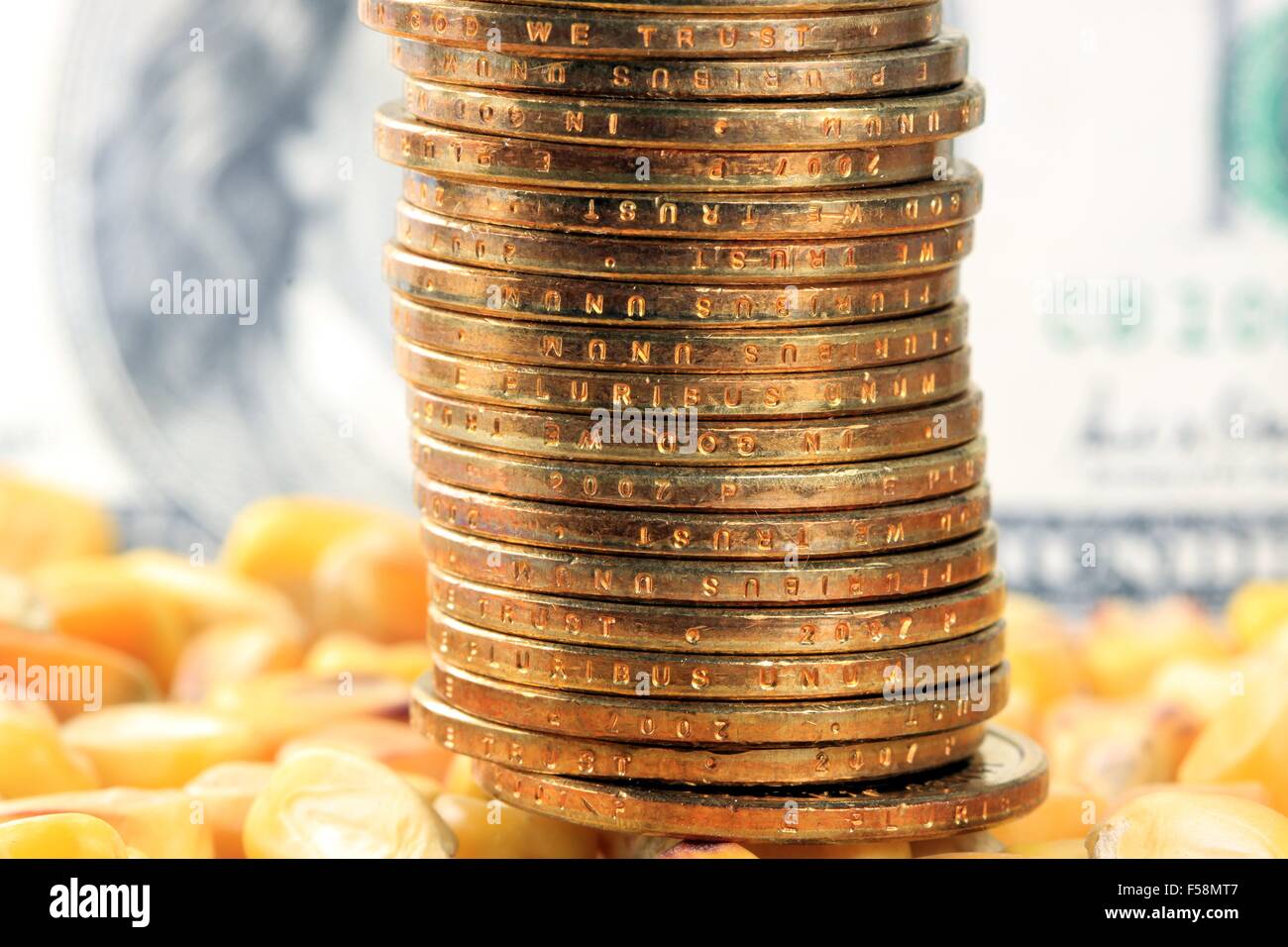 US Currency with Yellow Corn - Commodity Trading Concept Stock Photo