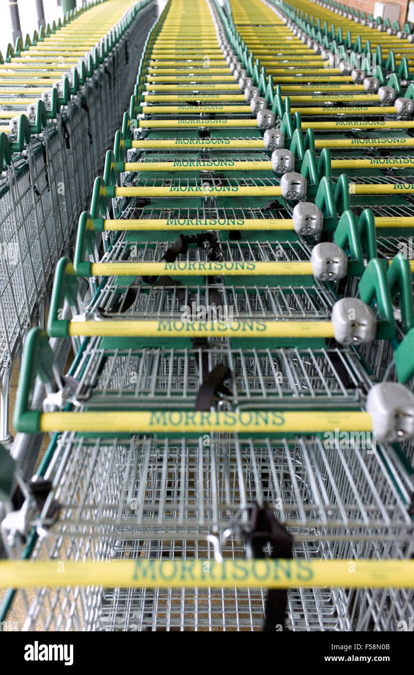 Morrisons shopping trolleys in a line Stock Photo