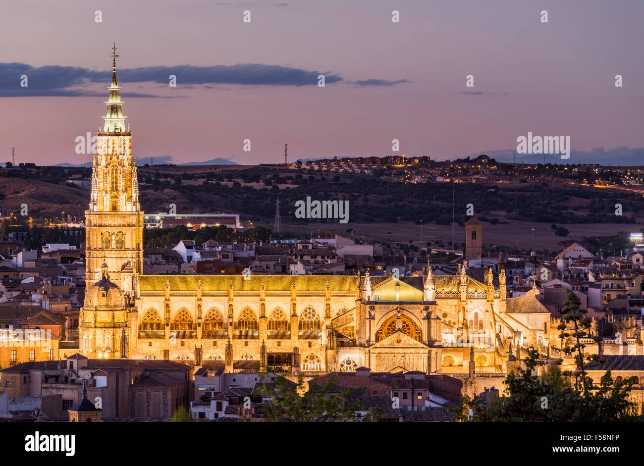 Toledo, Spain, Europe - with floodlit Toledo cathedral at night dusk Stock Photo